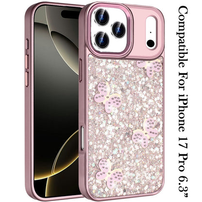 For Apple iPhone 17 Pro (6.3") Cute Butterfly Crystal Diamond Glitter Case Sparkle Bling Frame Metallic Edges, Shimmer TPU Hybrid Case Cover