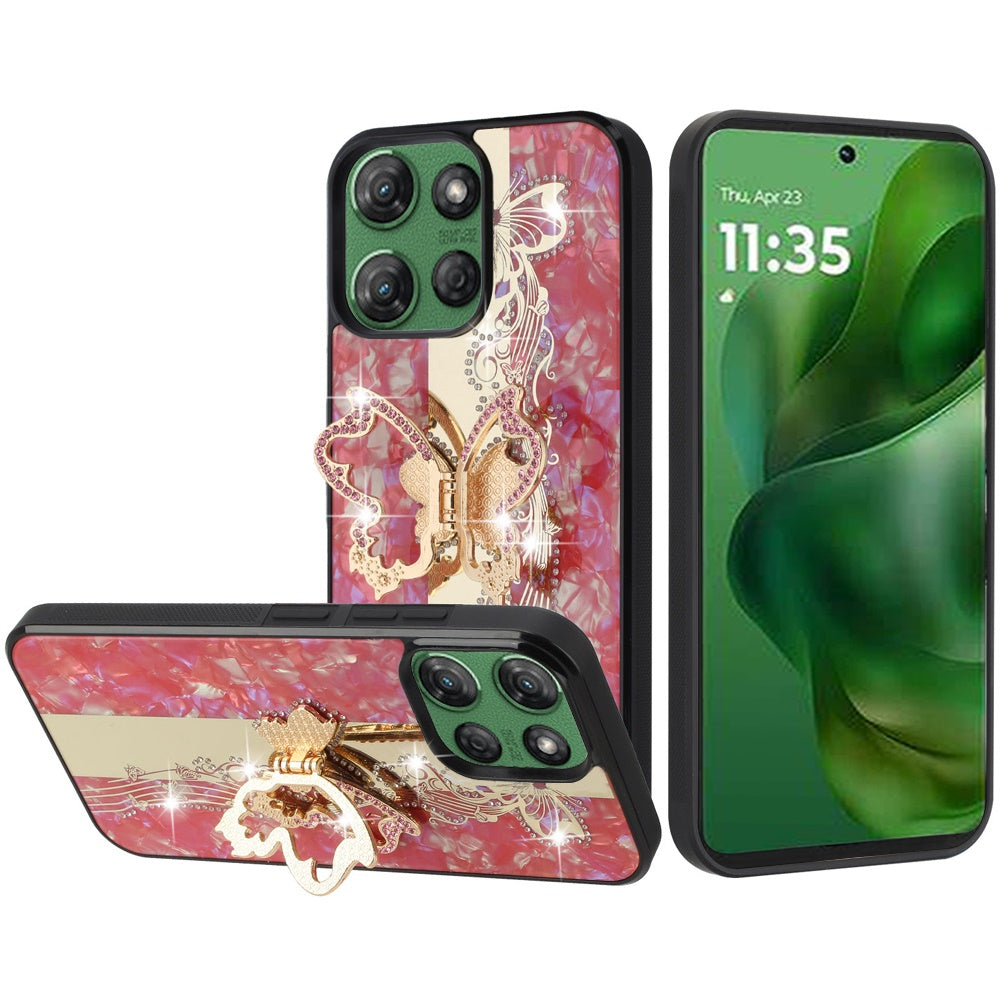 For Motorola Moto G 5G 2025 Diamonds 3D Butterfly Bling Sparkly Glitter Ornaments Engraving Hybrid with Stand Fashion Case Cover Enchanted Butterfly Red