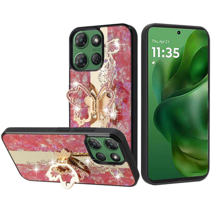 For Motorola Moto G 5G 2025 Diamonds 3D Butterfly Bling Sparkly Glitter Ornaments Engraving Hybrid with Stand Fashion Case Cover Enchanted Butterfly Red