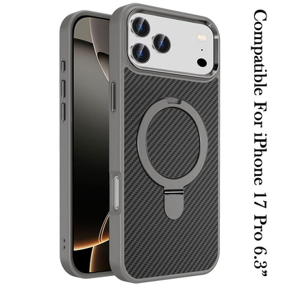 For Apple iPhone 17 Pro (6.3") Hybrid Carbon Fiber Design with MagSafe Compatible [Magnetic Circle], Ring Stand Shockproof Slim TPU Case Cover
