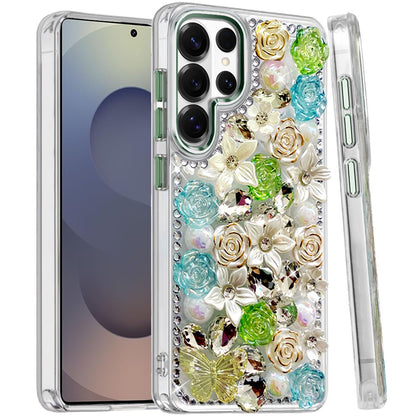 For Samsung Galaxy S25 Ultra 3D Diamond Floral Roses Flower Bling Stone Hybrid, Sparkly Rhinestone Gemstone Back Shockproof Case Cover