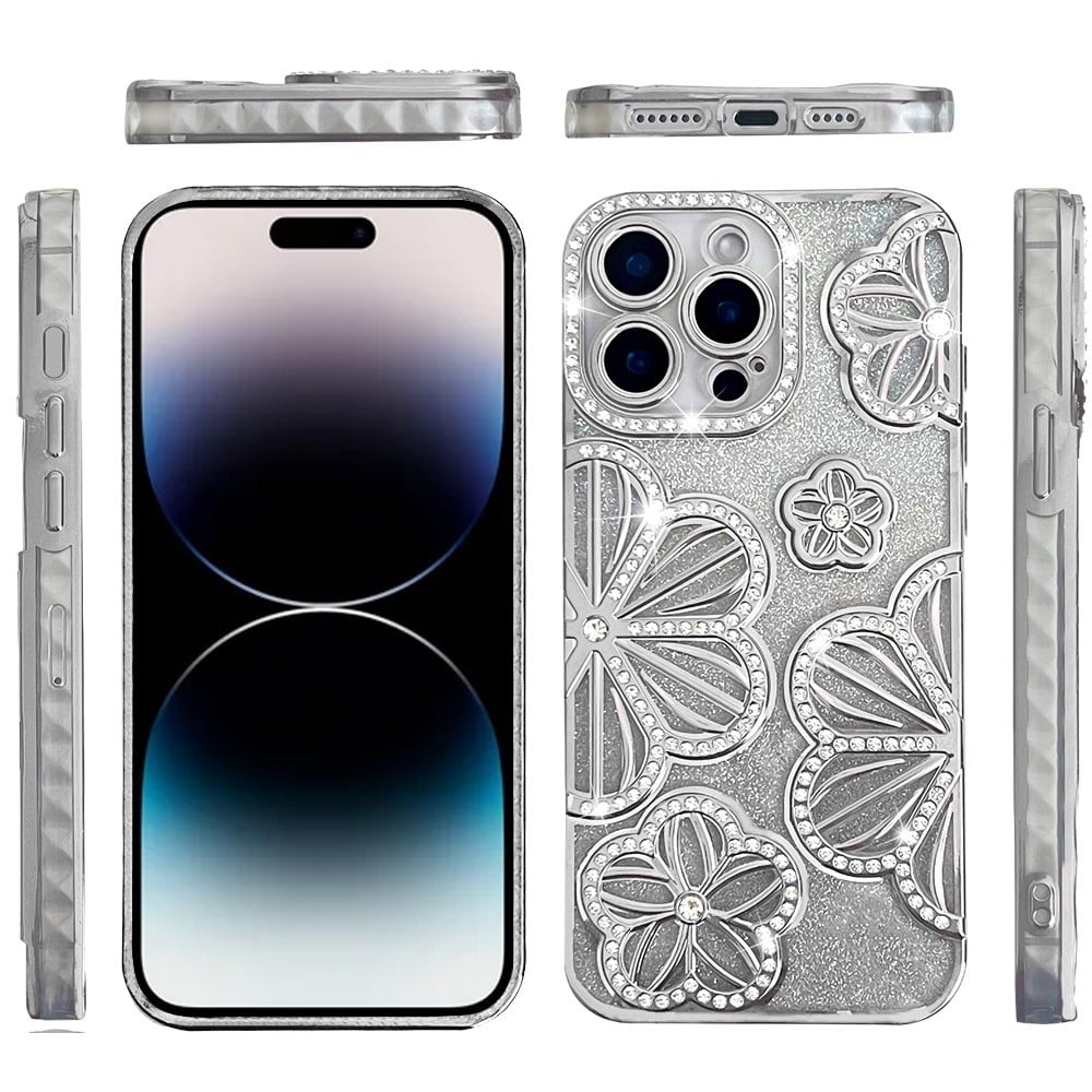 For iPhone 14 Pro Max (6.7") Luxury Flower Design Sparkle Glitter Diamond Rhinestone Shimmer Bling Plating Thick TPU Hard PC Case Cover