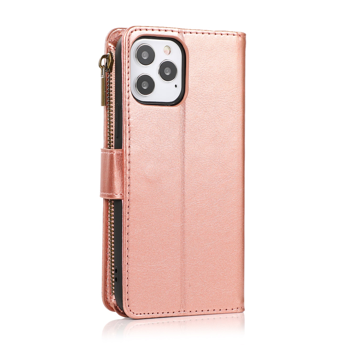 For Apple iPhone 16 (6.1") Premium Leather Zipper Wallet with Credit Card Slots Money Pocket Luxury Clutch Pouch Stand & Strap Case Cover Rose Gold