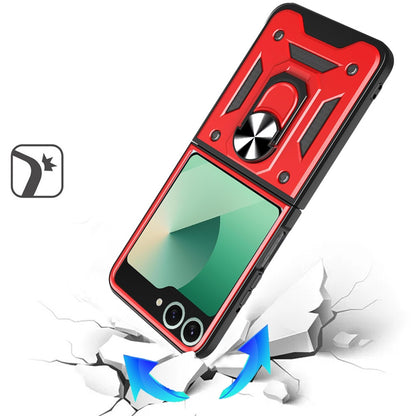 For Samsung Galaxy Z Flip 7 Hybrid Case with Slide Camera Lens Cover, Ring Kickstand, Heavy-Duty Dual Layer TPU, Fit Magnet Car Mount Case Cover