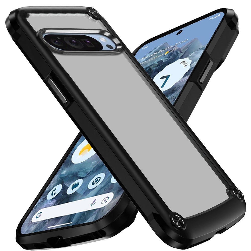 For Google Pixel 9 Pro XL Hybrid Transparent Rubber with Metal Buttons & Camera Edges Hard TPU Corner Frame Bumper Case Cover