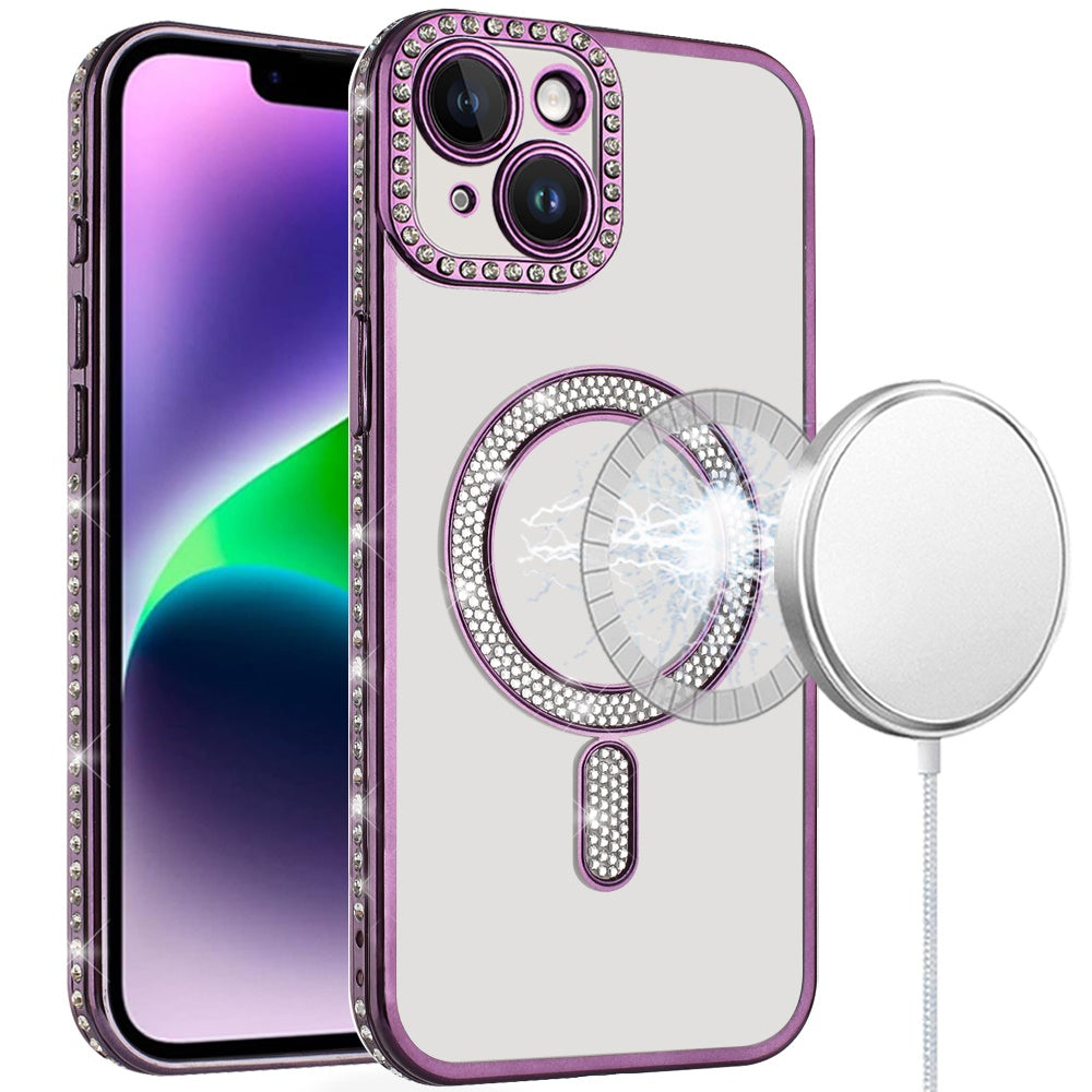 For Apple iPhone 14 /13 Bling Case with Diamond Magnetic Circle, Transparent Slim Shockproof Hybrid Slim Fit Case Cover