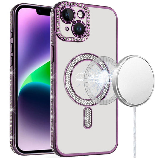 For Apple iPhone 15 Bling Case with Diamond Magnetic Circle, Transparent Slim Shockproof Hybrid Slim Fit Case Cover