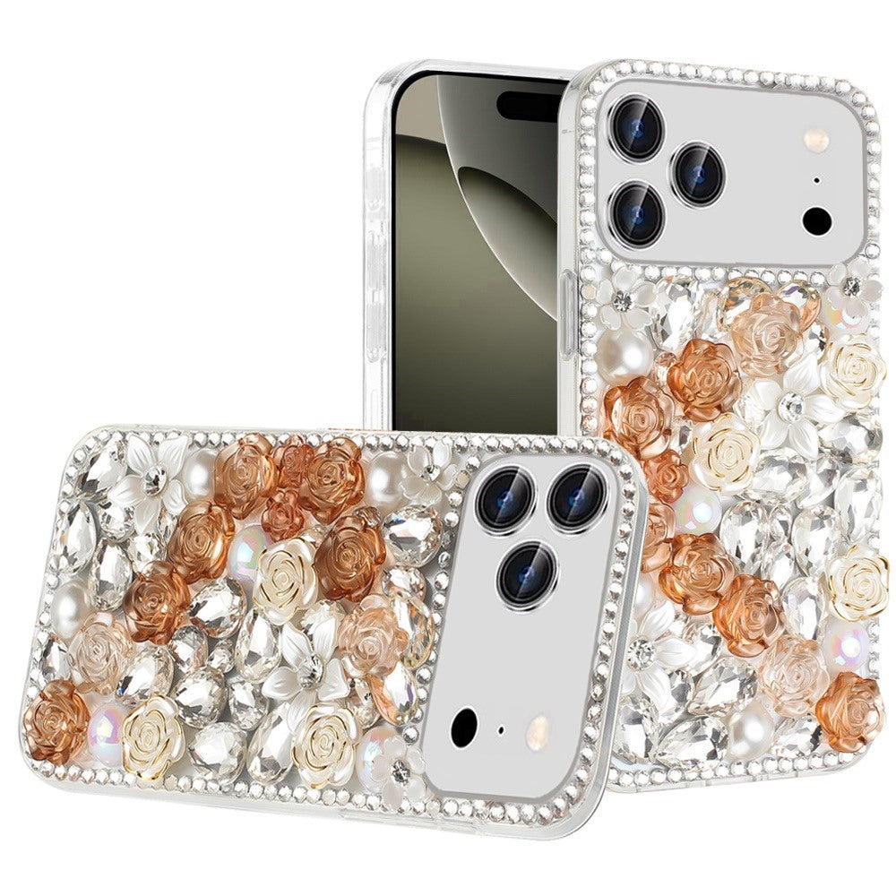 Phone Case for Apple iPhone 17 Pro Max (6.9") Rose Flower Full Diamond Bling Rhinestone Glitter Luxury Stylish Sparkle Protective Designer Hybrid Cover Gold