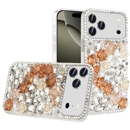 Phone Case for Apple iPhone 17 Pro Max (6.9") Rose Flower Full Diamond Bling Rhinestone Glitter Luxury Stylish Sparkle Protective Designer Hybrid Cover Gold