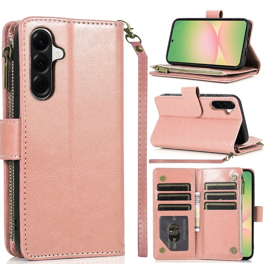 For Samsung Galaxy A57 Leather Wallet Case with Zipper, 9 Card Slots, Cash Pocket, Stand & Strap, Clutch Pouch Design Case Cover Rose Gold