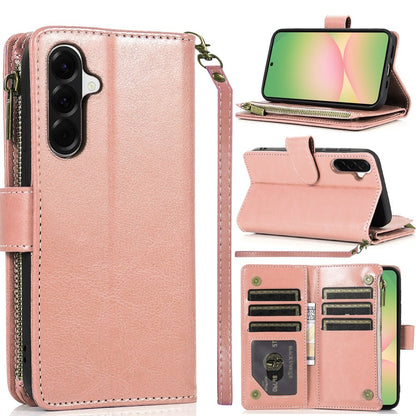 For Samsung Galaxy A57 Leather Wallet Case with Zipper, 9 Card Slots, Cash Pocket, Stand & Strap, Clutch Pouch Design Case Cover Rose Gold