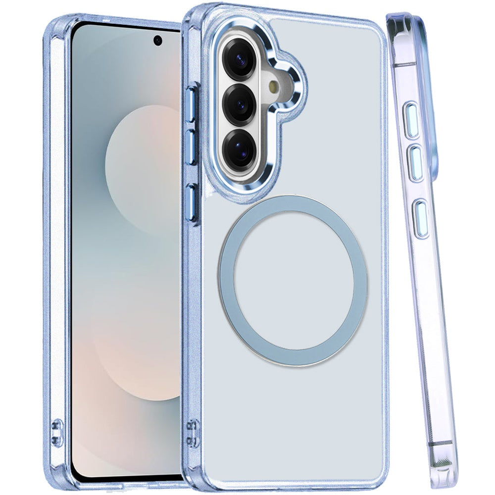 For Samsung Galaxy S25 FE /S25 Fan Edition Transparent Back Hybrid Case - Magnetic Circle, Color Frame, Metal Buttons, MagSafe Compatible Case Cover