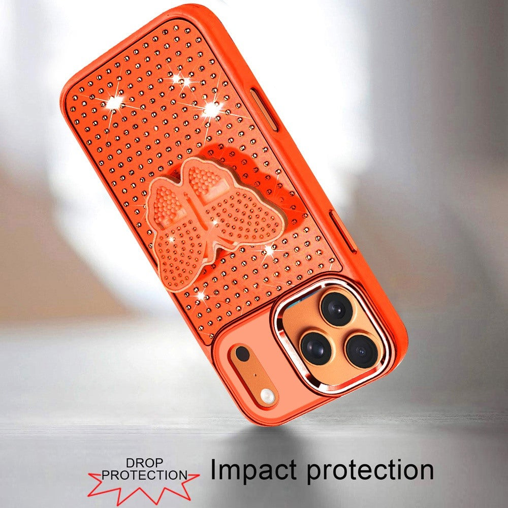 Phone Case for Apple iPhone 17 Pro Max (6.9") Butterfly Grip Pop Stand Diamond Sparkle Hybrid Shockproof Metal Button Slim Protective Grip Decorative Design Cover Cosmic Orange
