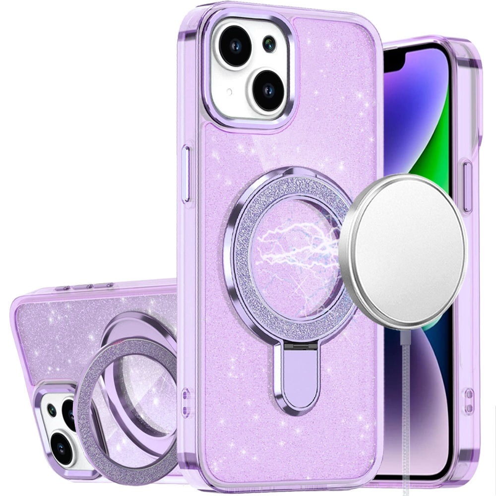 For Apple iPhone 14 /13 Transparent Glitter Bling Case with Rotating Magnetic Ring Stand, Shockproof Hybrid Case Cover