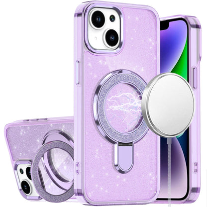 For Apple iPhone 15 Transparent Glitter Bling Case with Rotating Magnetic Ring Stand, Shockproof Hybrid Case Cover
