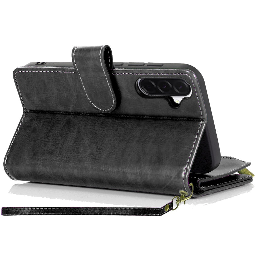 For Samsung Galaxy A57 Leather Wallet Case with Zipper, 9 Card Slots, Cash Pocket, Stand & Strap, Clutch Pouch Design Case Cover Black