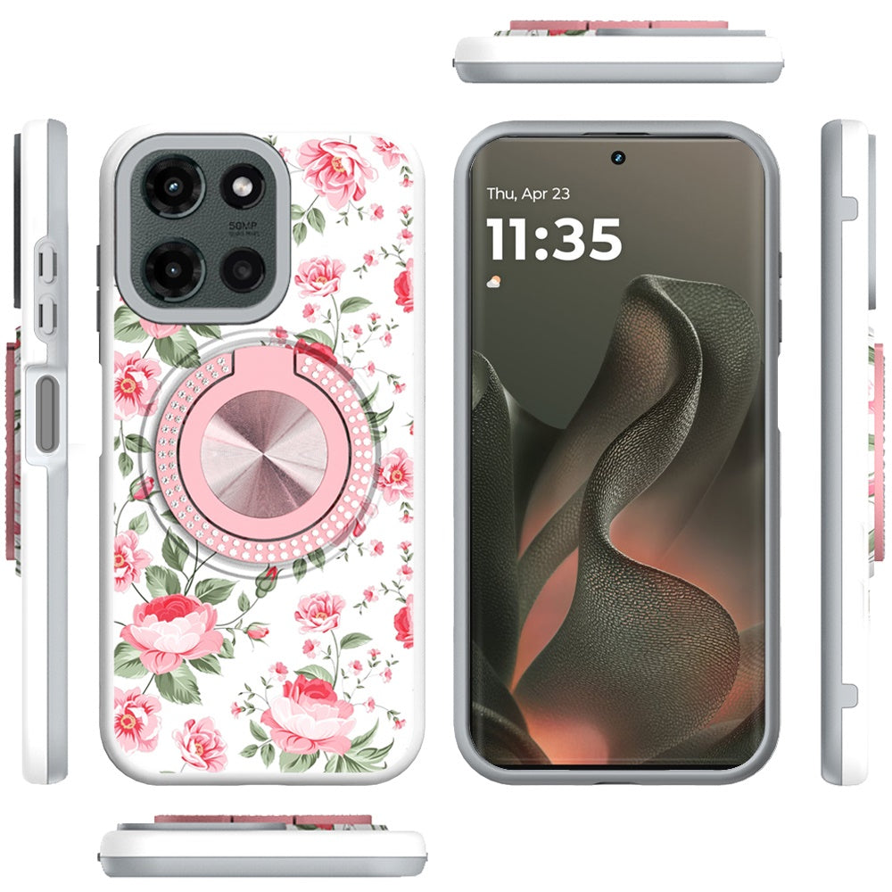 For Motorola Edge 2025 Pattern Design Hybrid with Invisible Ring Stand & Magnetic Back, Shockproof Protective Grip Case Cover