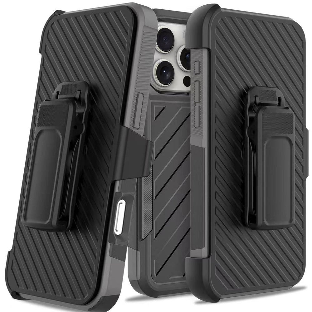 For Apple iPhone 16 Pro Max (6.9") Combo Hybrid lined with Belt Clip Holster Armor Shockproof Rugged Textured 2in1 Non Slip Tough Case Cover Black / Gray