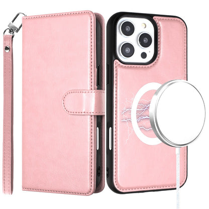 For Apple iPhone 16 Plus (6.7") Deattachable PU Leather Hybrid Wallet Money Credit Card Holder Support Magsafe Charger Case Cover Rose Gold