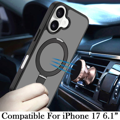 For Apple iPhone 17 (6.3") Magnetic Circle Back with Ring Stand Full Rotation Matte Hybrid Shockproof Case Cover