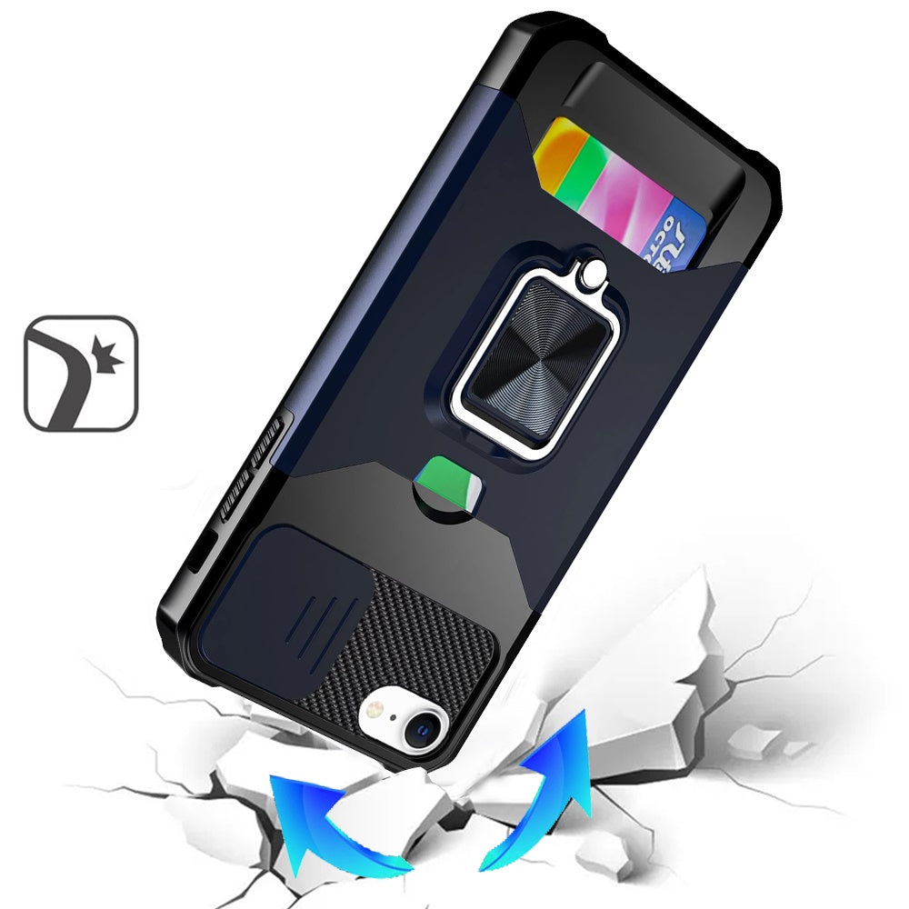 For Apple iPhone 17E /16E Wallet Case with Ring Stand & Slide Camera Cover Back Credit Card Slot Holder, Military Grade Case Cover