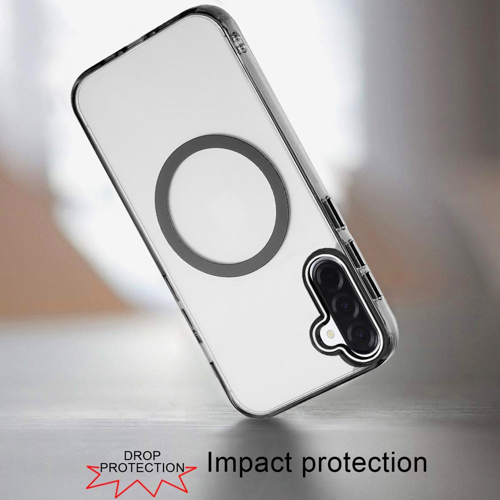For Samsung Galaxy A57 Transparent Back Hybrid Case - Magnetic Circle, Color Frame, Metal Buttons, MagSafe Compatible Case Cover Black