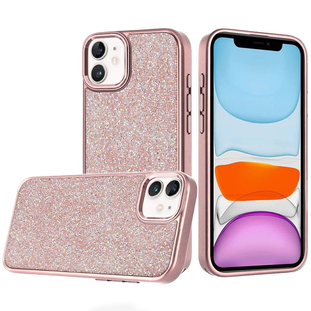 For Apple iPhone 11 Crystal Sparkle Diamond Glass Full Mini Glitter Bling Frame TPU Hybrid Protective Case Cover Dark Purple