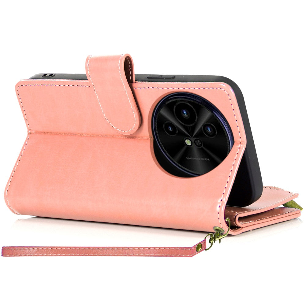 For Samsung Galaxy A16 5G PU Leather Zipper Wallet Case 9 Credit Card Slots Cash Money Pocket Clutch Pouch with Stand & Strap Case Cover Rose Gold