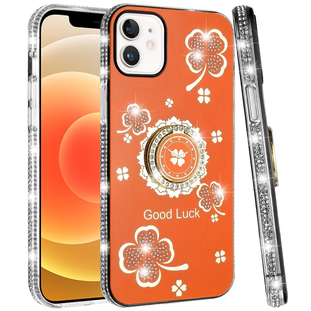 For Apple iPhone 12 /12 Pro Diamonds Bling All Around Edges Sparkly Glitter Hybrid with Ring Stand Holder Fashion Good Luck Case Cover Cosmic Orange