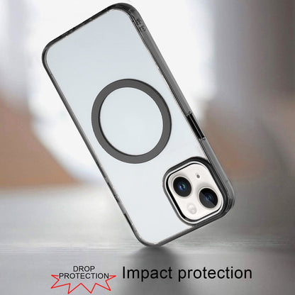 For iPhone 15 (6.1") Transparent Back Hybrid Case - Magnetic Circle, Color Frame, Metal Buttons, MagSafe Compatible Case Cover