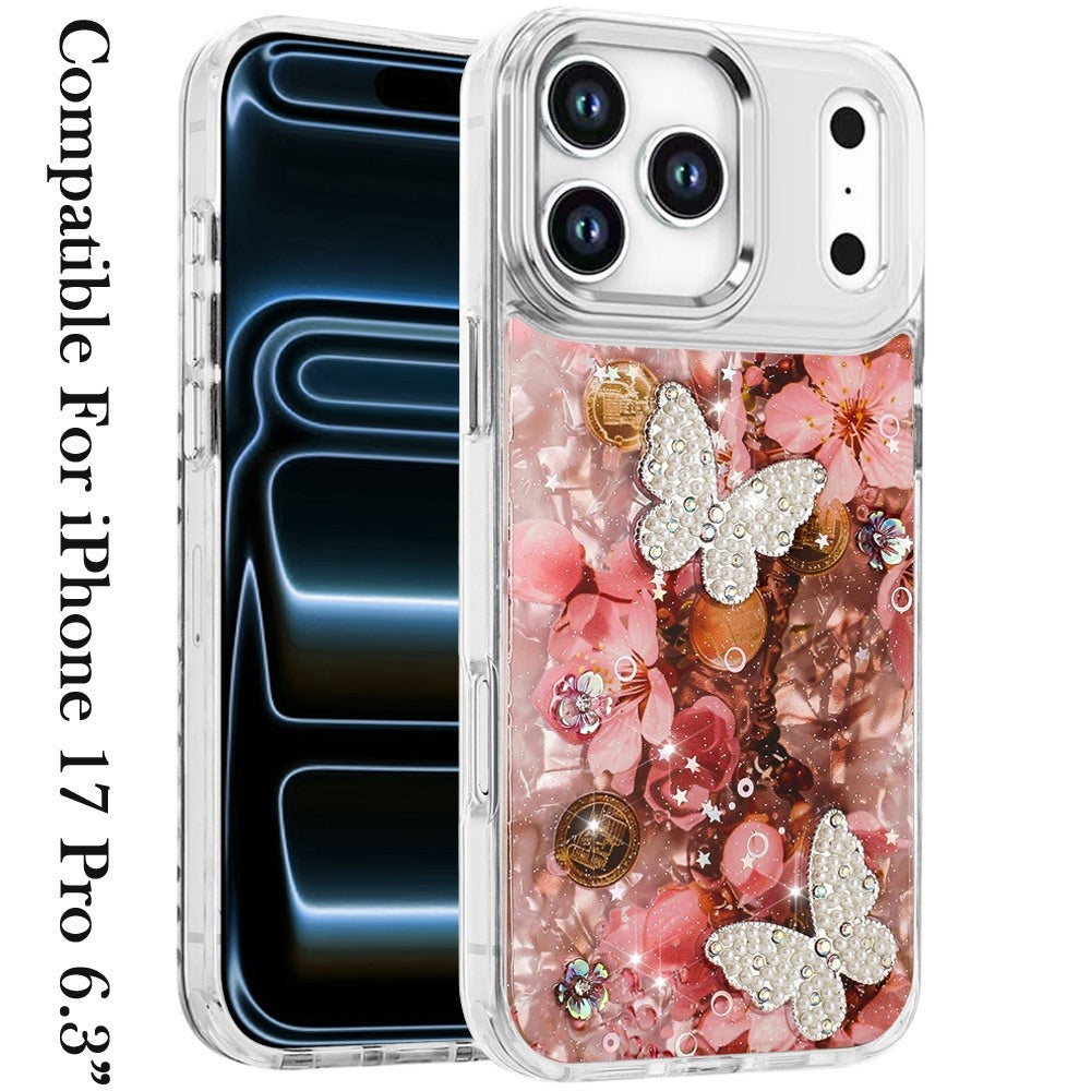 For Apple iPhone 17 Pro (6.3") Epoxy Glitter Flowers Bling 3D Butterfly Fashion TPU Hybrid with Shockproof Protection Case Cover
