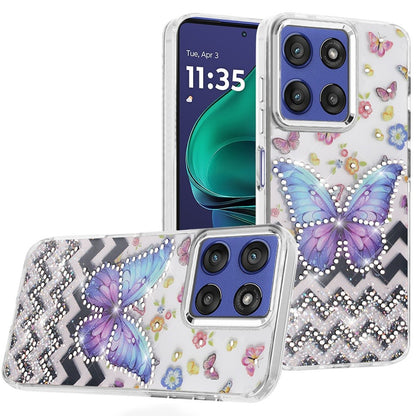 For Motorola Moto G Stylus 5G 2026 /2025 Butterfly Resin Epoxy Diamond Design Metal Edged Hybrid Shockproof Heavy Duty Drop Protection Case Cover