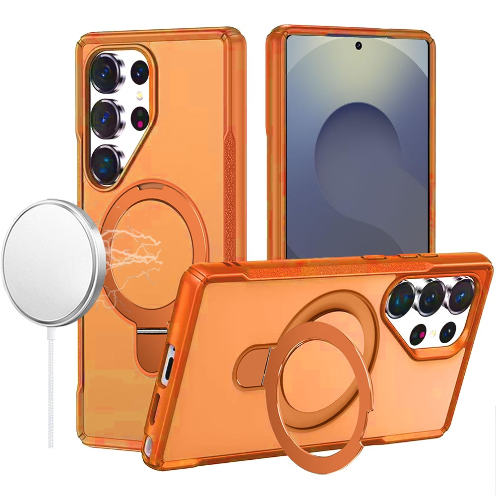 For Samsung Galaxy S25 Ultra Matte Finish Magnetic Ring Hybrid Protective Invisible Kickstand Magsafe Compatible Case Cover Cosmic Orange
