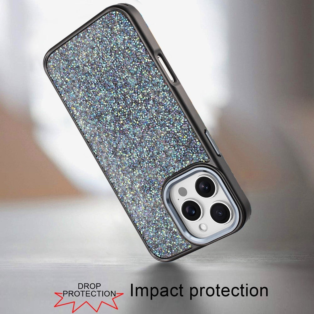 For iPhone 16 Pro Max (6.9") Crystal Sparkle Diamond Glass Full Mini Glitter Bling Frame TPU Hybrid Protective Case Cover