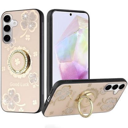 For Motorola Moto G 5G 2025 Diamonds 3D Fashion Floral Bling Sparkly Glitter Ornaments Engraving Hybrid with Ring Stand Case Cover Gold Good Luck Floral