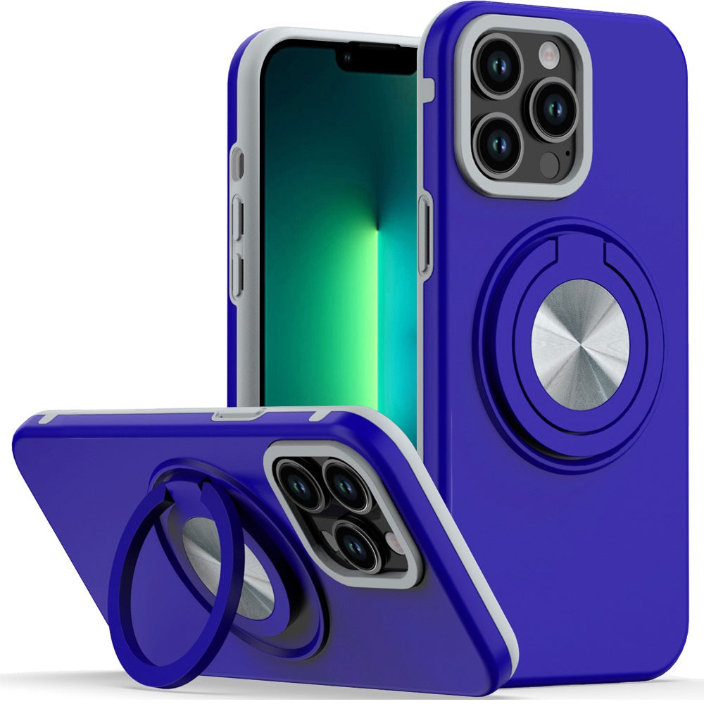 For Apple iPhone 13 Pro Metal Matte Hybrid with Invisible Rotational Ring Stand, Car Mount Friendly, Military Grade Slim Fit Sturdy Case Cover Blue