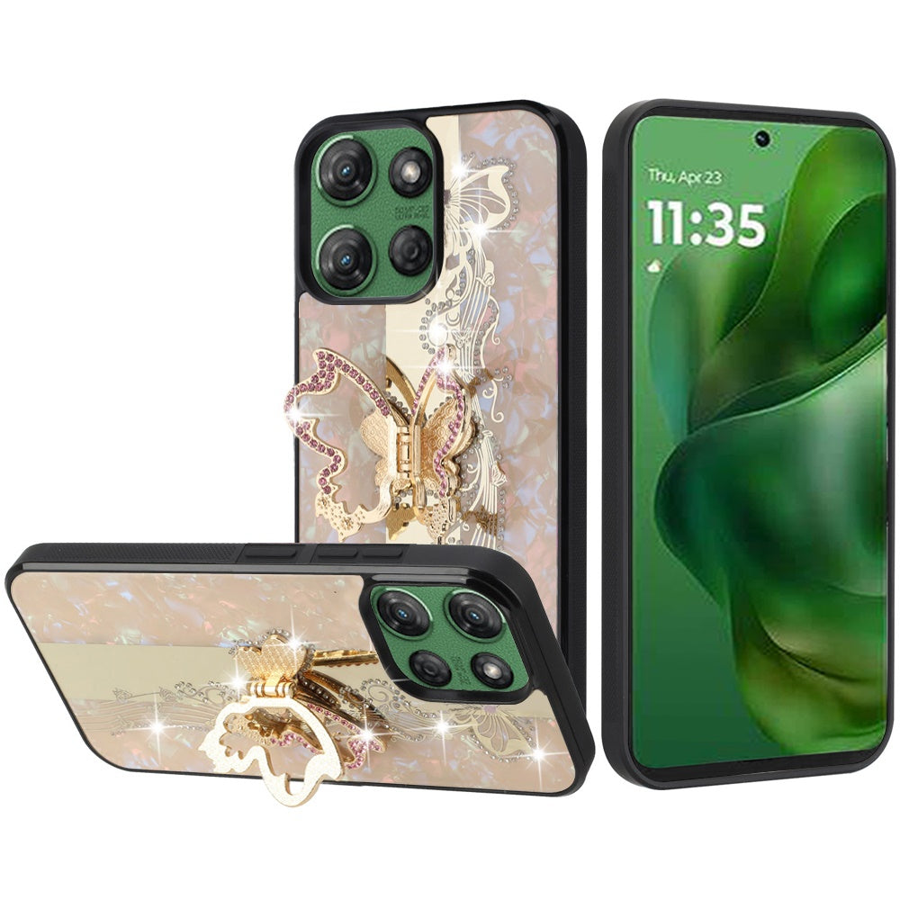 For Motorola Moto G 5G 2025 Diamonds 3D Butterfly Bling Sparkly Glitter Ornaments Engraving Hybrid with Stand Fashion Case Cover Enchanted Butterfly Gold