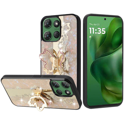 For Motorola Moto G 5G 2025 Diamonds 3D Butterfly Bling Sparkly Glitter Ornaments Engraving Hybrid with Stand Fashion Case Cover Enchanted Butterfly Gold