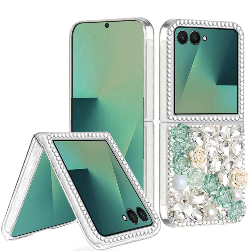 For Samsung Galaxy Z Flip 7 Fashion Rose Flower Floral Bling Crystal 3D Full Diamonds Pearl Sparkle Rhinestone Glitter Hybrid Case Cover