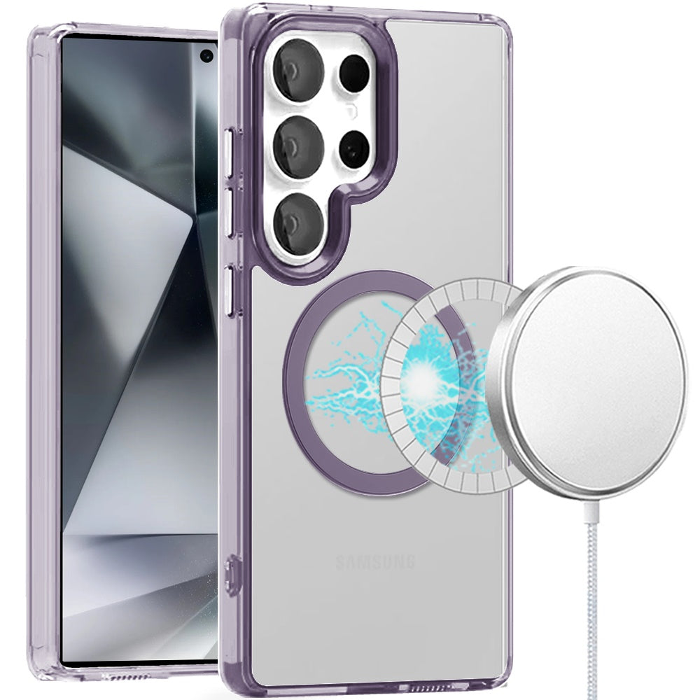 For Samsung Galaxy S24+ Plus Transparent Back Hybrid Case - Magnetic Circle, Color Frame, Metal Buttons, MagSafe Compatible Case Cover