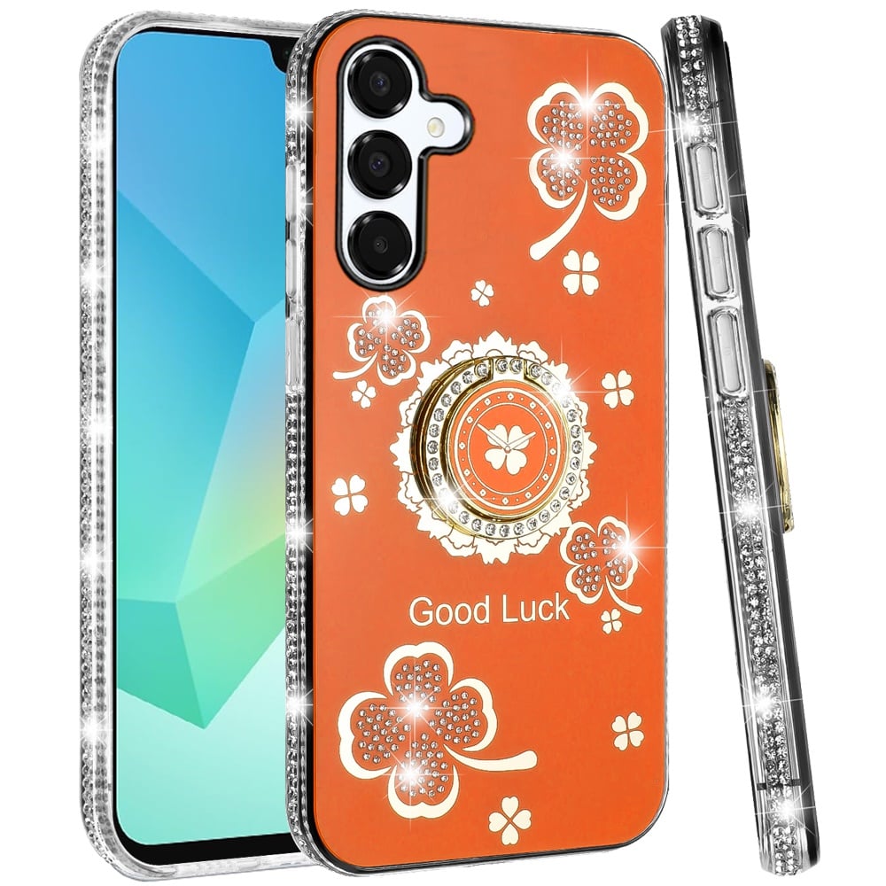 For Samsung Galaxy A16 5G Diamonds Bling All Around Edges Sparkly Glitter Hybrid with Ring Stand Holder Fashion Good Luck Case Cover Cosmic Orange