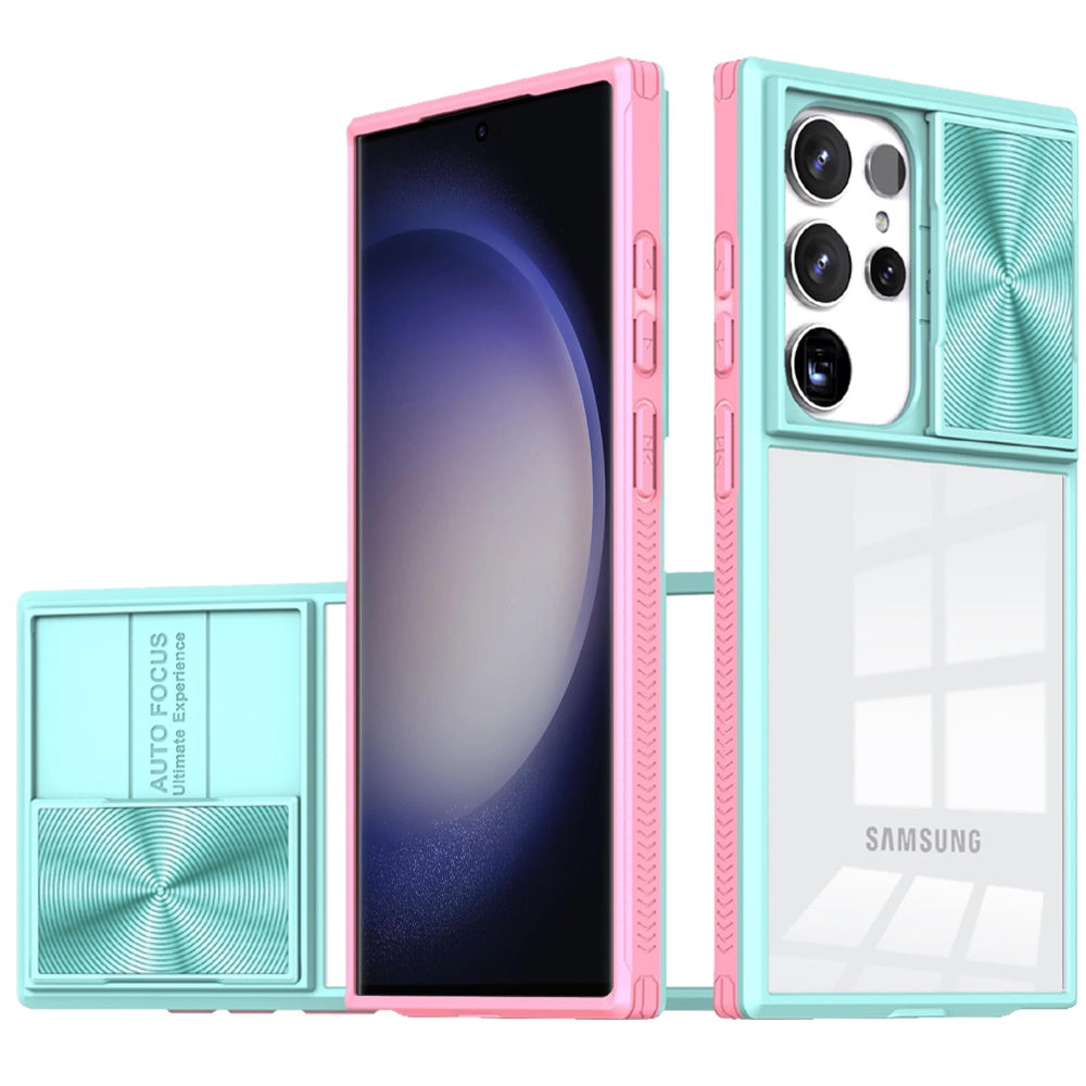 For Samsung Galaxy S24+ Plus Hybrid Cases with Sliding Camera Cover Transparent Shockproof Bumper TPU Protective Case Cover Pink/Blue