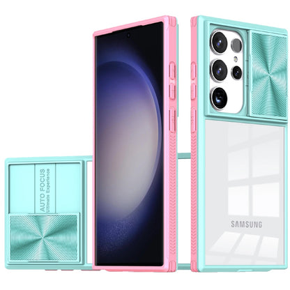 For Samsung Galaxy S24+ Plus Hybrid Cases with Sliding Camera Cover Transparent Shockproof Bumper TPU Protective Case Cover Pink/Blue