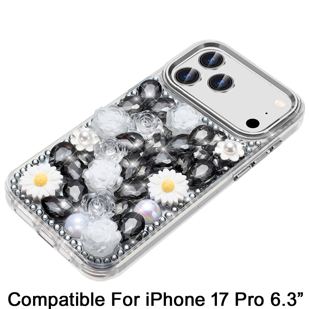 For Apple iPhone 17 Pro (6.3") Fashion Daisy Floral Series, Full 3D Bling Crystal Diamonds Sparkling Rhinestone Glitter Hybrid Design Case Cover