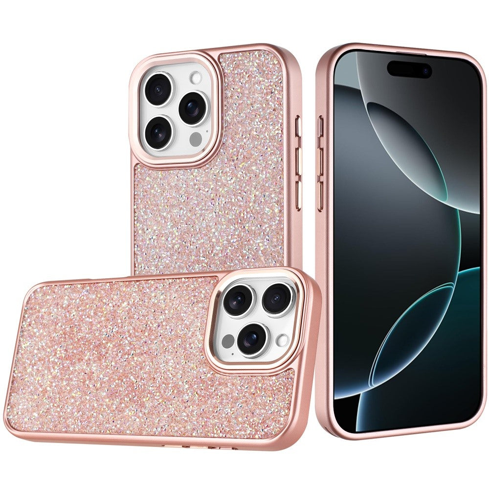 For iPhone 16 Pro Max (6.9") Crystal Sparkle Diamond Glass Full Mini Glitter Bling Frame TPU Hybrid Protective Case Cover