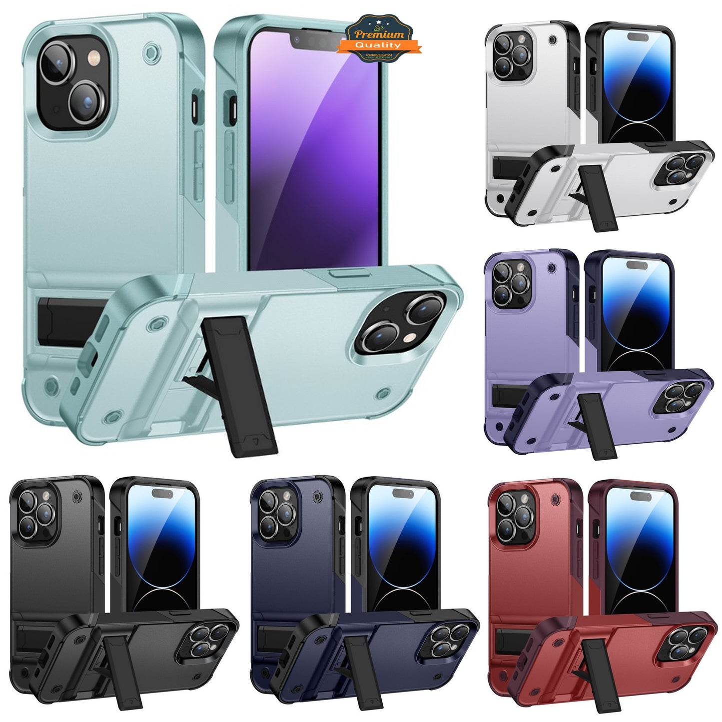 For Apple iPhone 15 Pro (6.1") Heavy Duty with Kickstand Stand Hybrid Sturdy Military Armor Durable Shockproof Bumper  Phone Case Cover
