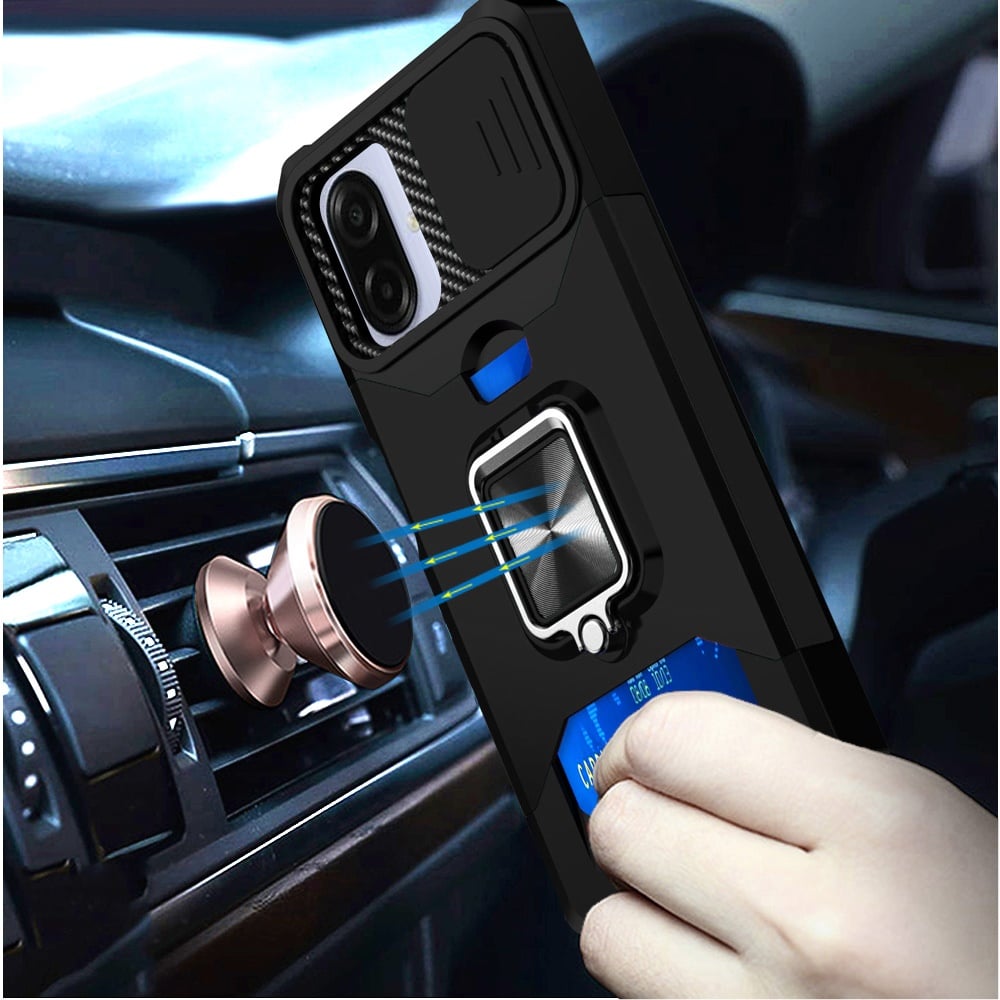 For Samsung Galaxy A07 Wallet Case with Ring Stand & Slide Camera Cover Back Credit Card Slot Holder, Military Grade Case Cover