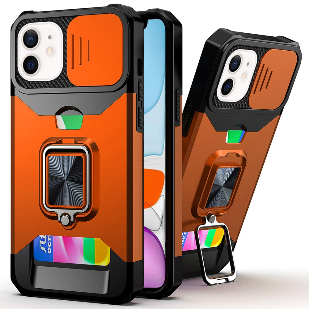 For Apple iPhone 11 Wallet Case with Ring Stand & Slide Camera Cover Back Credit Card Slot Holder, Military Grade Case Cover Cosmic Orange