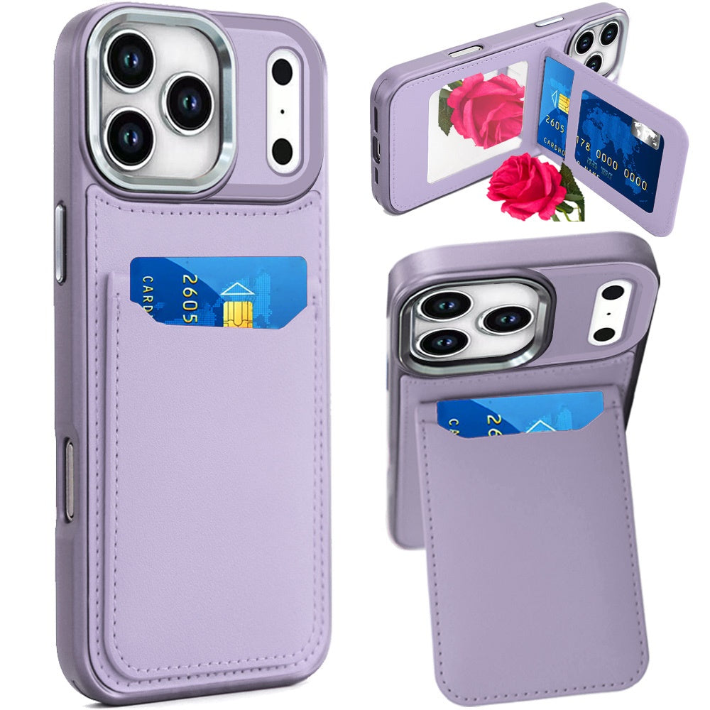 For Apple iPhone 17 Pro (6.3") PU Leather Wallet Cover with Credit Card Holder, Kickstand & Mirror Inside Slim Fit TPU & PC Hybrid Design Case Cover