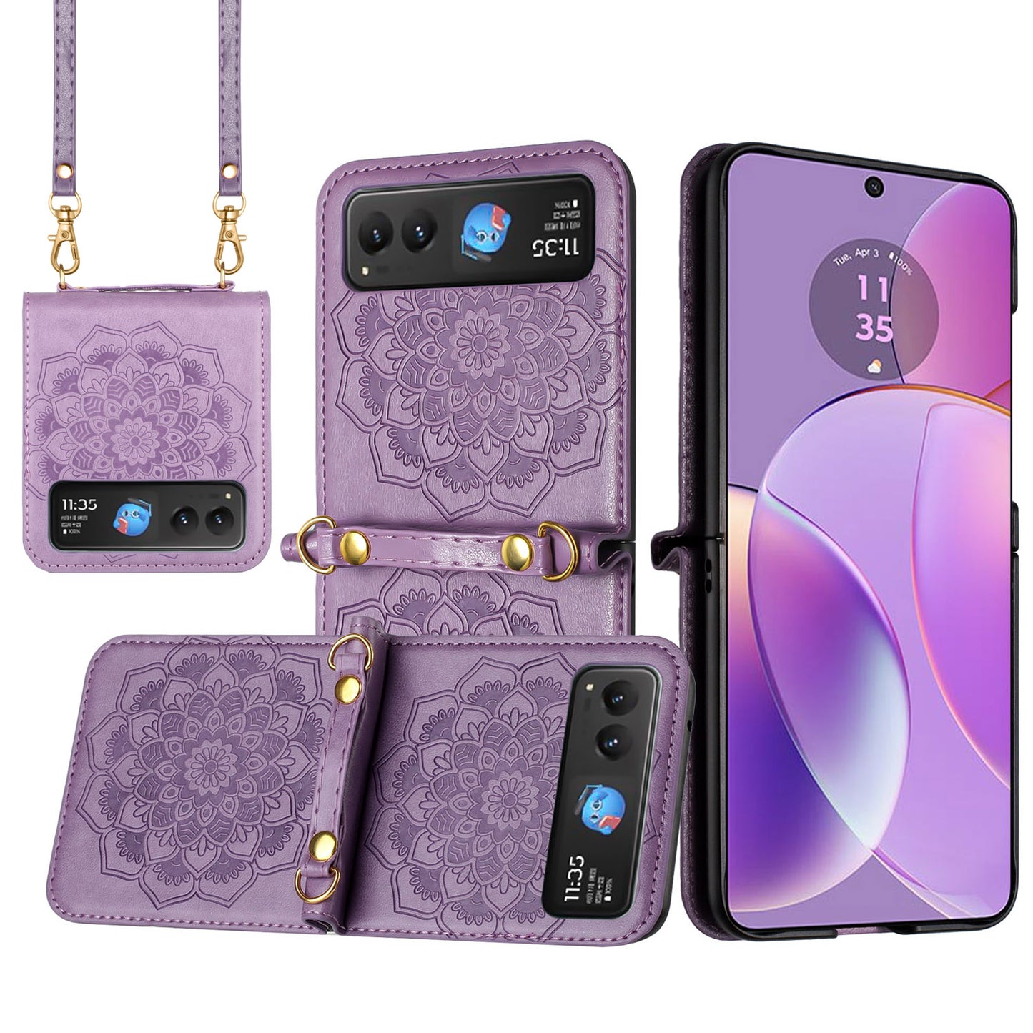 For Motorola Razr 2025 Embossed Floral PU Leather Henna Mandala Design Flip Cover with Strap, Hybrid Protective Case Cover